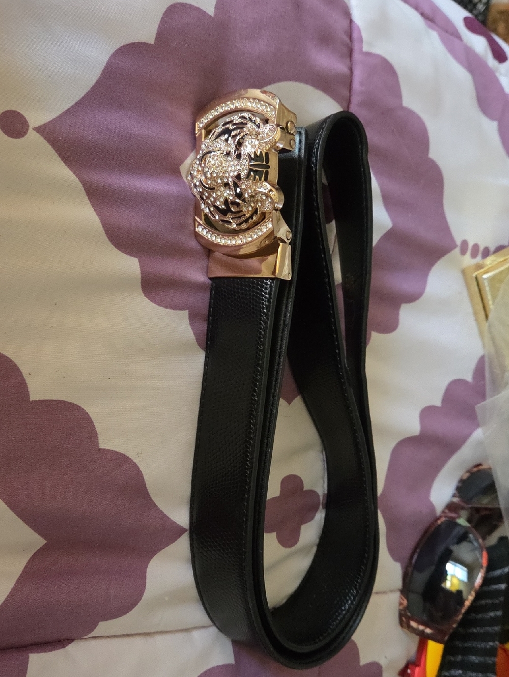 Barabas Los Angeles Black Leather Belt with Gold Crystal Buckle